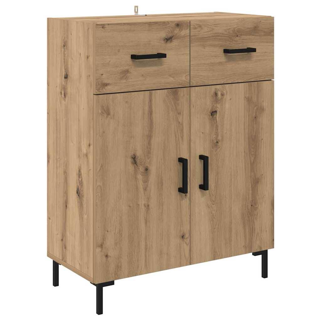 Ein Holzschrank mit einem hellbraunen Finish, ausgestattet mit zwei Schubladen oben und zwei großen Türen unten, versehen mit schwarzen Griffen und Beinen.