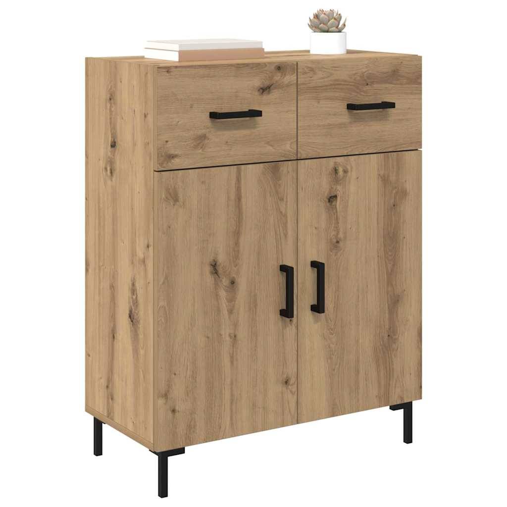 Ein Holzschrank mit zwei Schubladen und zwei Türen, versehen mit schwarzen Griffen. Er steht auf vier Beinen, mit einem kleinen Topfpflanze und Büchern auf der Oberfläche.