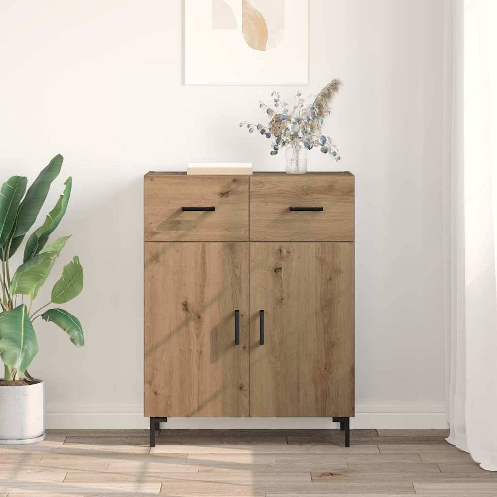 Ein Holzschrank mit zwei Schubladen und zwei Türen steht an einer weißen Wand, auf dessen Oberfläche eine Pflanze und eine Blumenvase dekoriert sind.