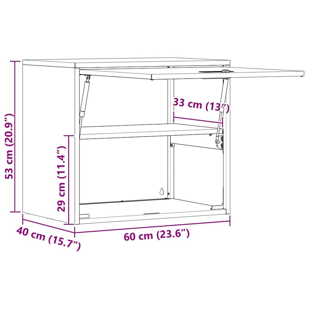 Abmessungen eines Schranks mit Klapptisch: 53 cm hoch, 60 cm breit, 40 cm tief. Regalhöhen bei 29 cm und 33 cm.