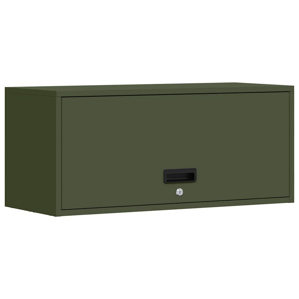 Ein rechteckiger, olivgrüner Wandschrank mit Schlüsselloch und Griff auf der Frontplatte, der zur Organisation und Aufbewahrung vorgesehen ist.