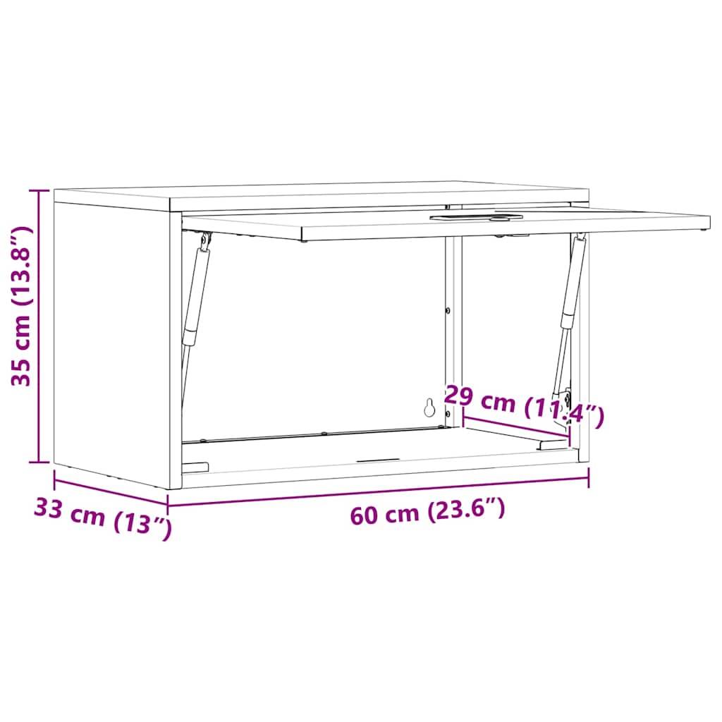 Technische Zeichnung eines wandmontierten Klappschranks. Abmessungen beschriftet: Höhe 35 cm (13,8''), Tiefe 33 cm (13''), Breite 60 cm (23,6''), Tür ragt 29 cm (11,4'') heraus.