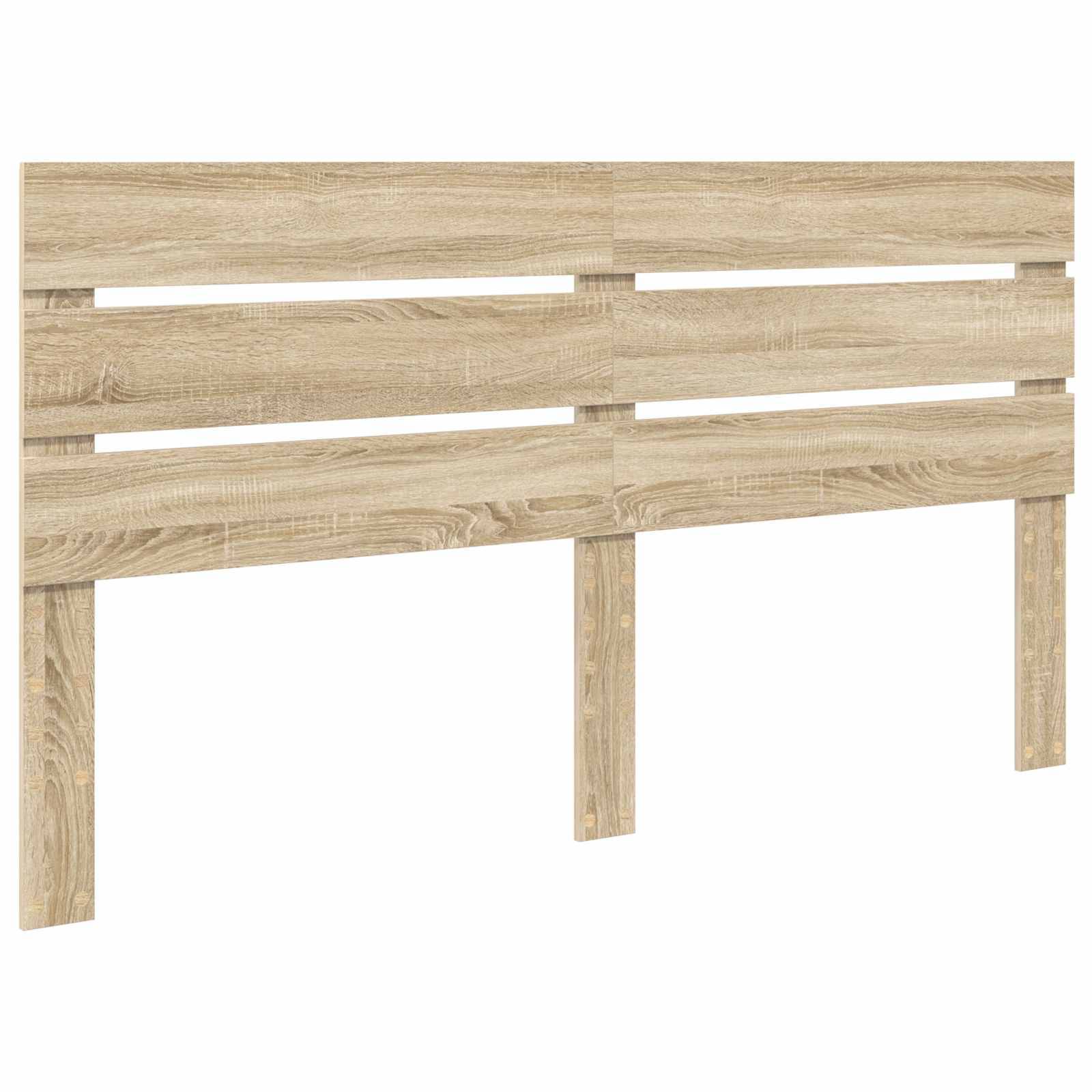 Holzkopfteil mit hellem Eichenfinish, horizontalen Latten und drei vertikalen Stützpfosten.
