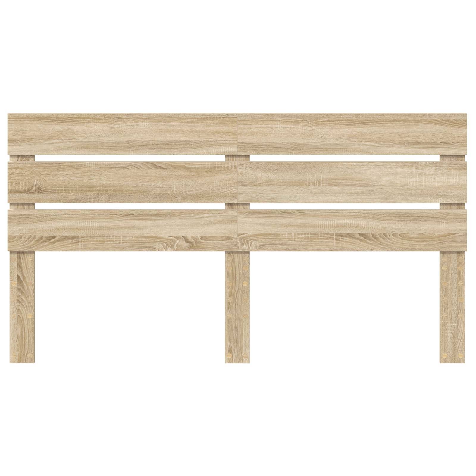 Ein Kopfteil aus Holz mit hellem Eichenfarbton, bestehend aus drei horizontalen Paneelen und drei vertikalen Stützen, mit minimalistischem Design.