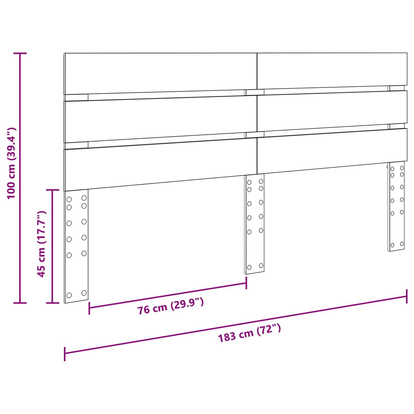 Kopfteildimensionen: Gesamtbreite 183 cm (72 Zoll), Hauptstrukturhöhe 100 cm (39,4 Zoll), Beinhöhe 45 cm (17,7 Zoll).