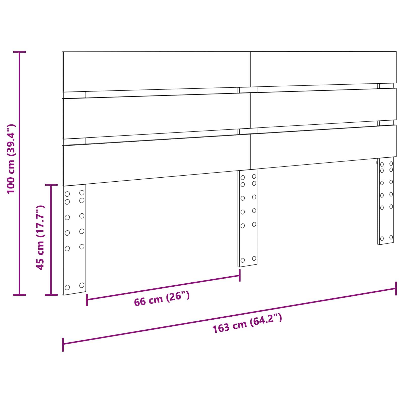 Eine Strichzeichnung eines Kopfteils mit Maßen: Breite 163 cm (64,2