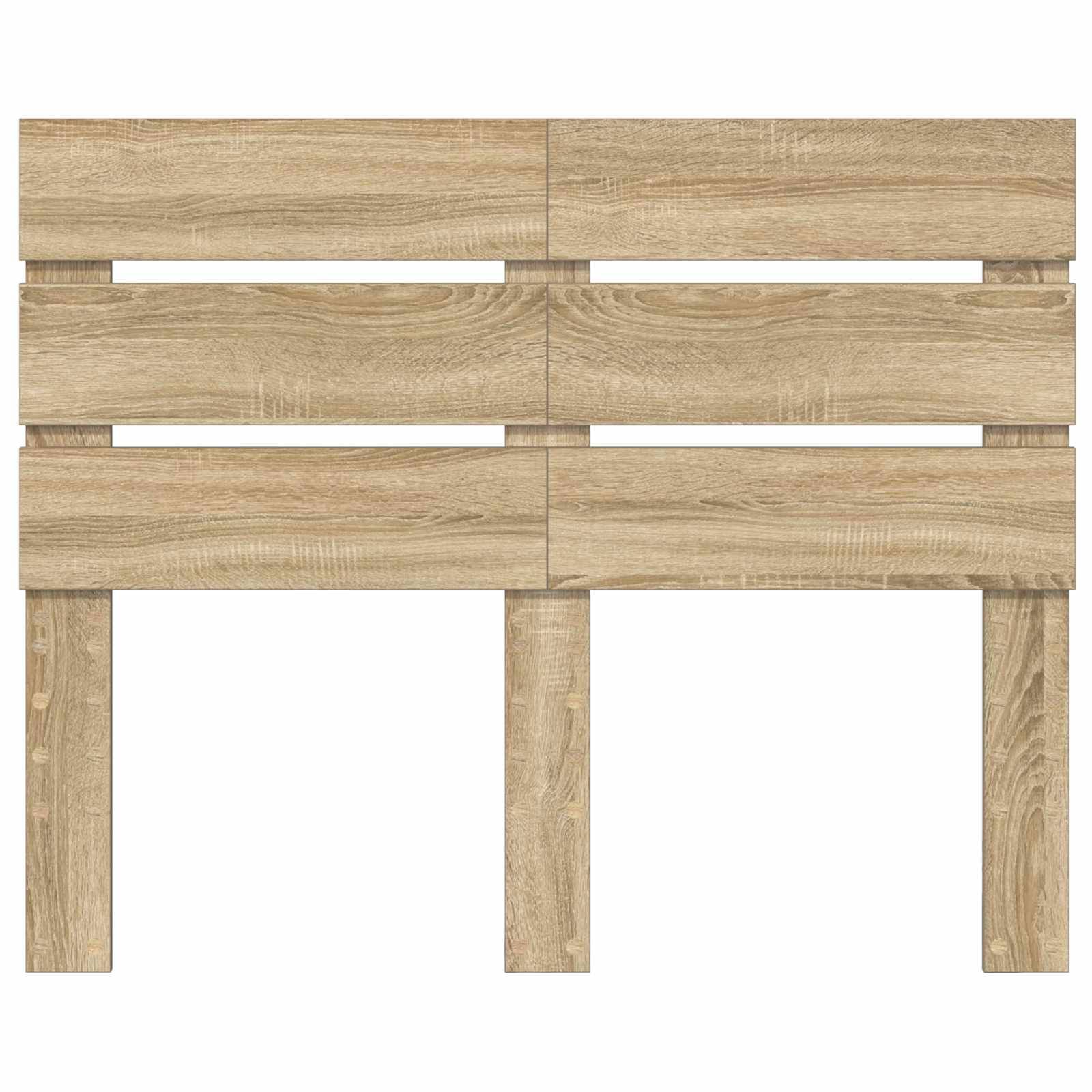 Ein Holzkopfteil mit natürlicher Oberflächenbehandlung verfügt über ein Lamellen-Design und zwei vertikale Stützbalken, geeignet für ein Einzelbett.