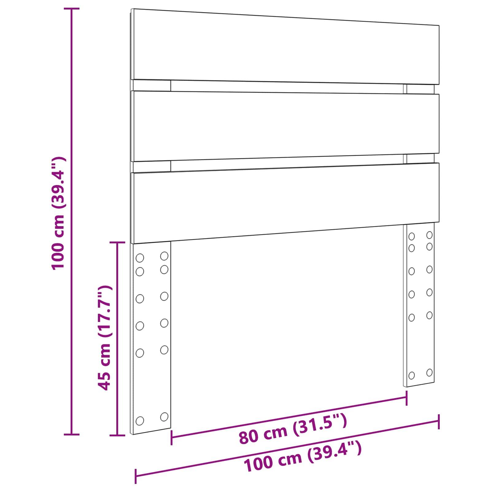 Ein Diagramm mit den Abmessungen eines Kopfteils: 100 cm Höhe, 80 cm Breite mit 45 cm Beinen. Gesamtlänge 145 cm, Breite einschließlich Beinen 100 cm.