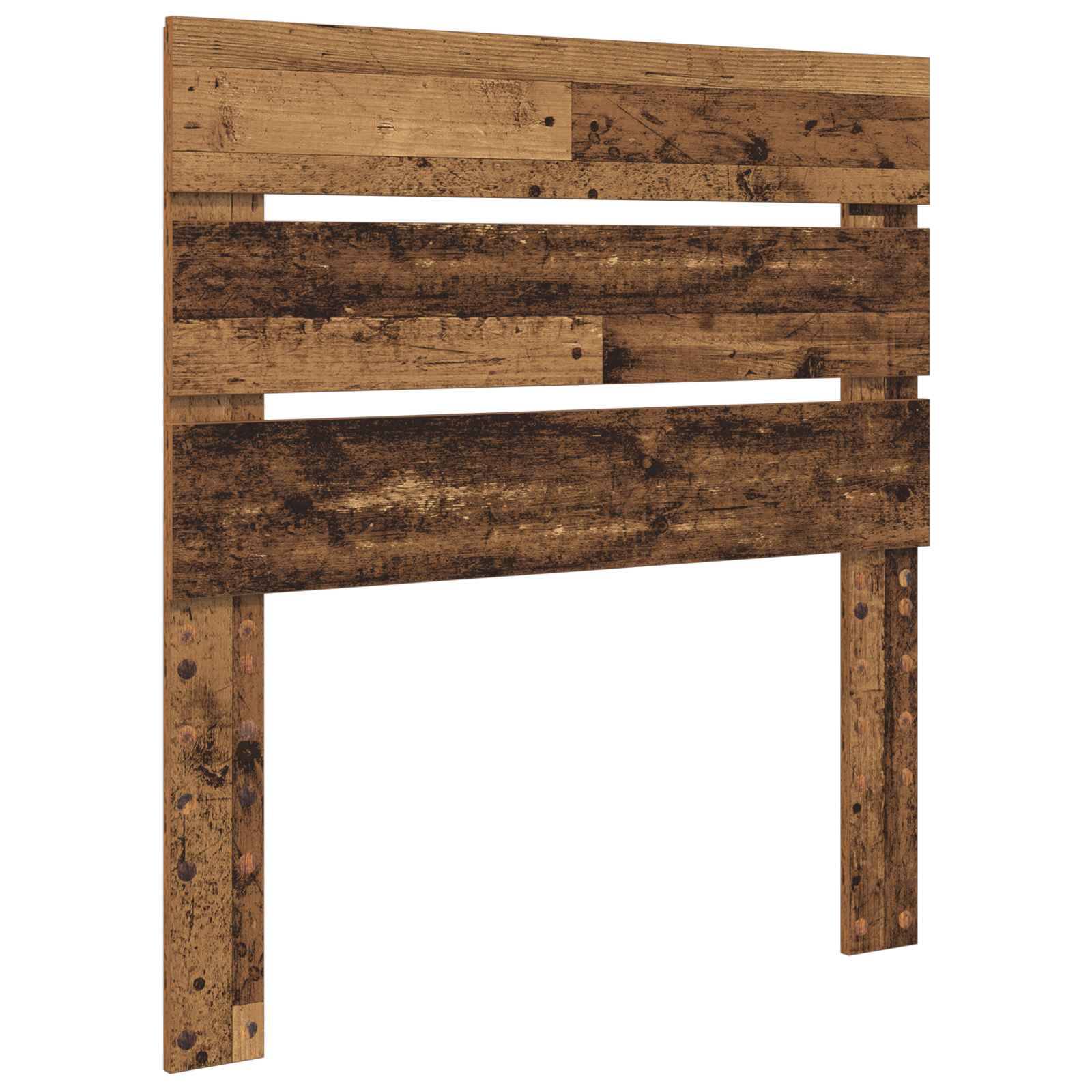 Ein rustikales Holzkopfteil mit einer verschlissenen Oberfläche, das horizontale Lamellen und ein verwittertes Aussehen aufweist.