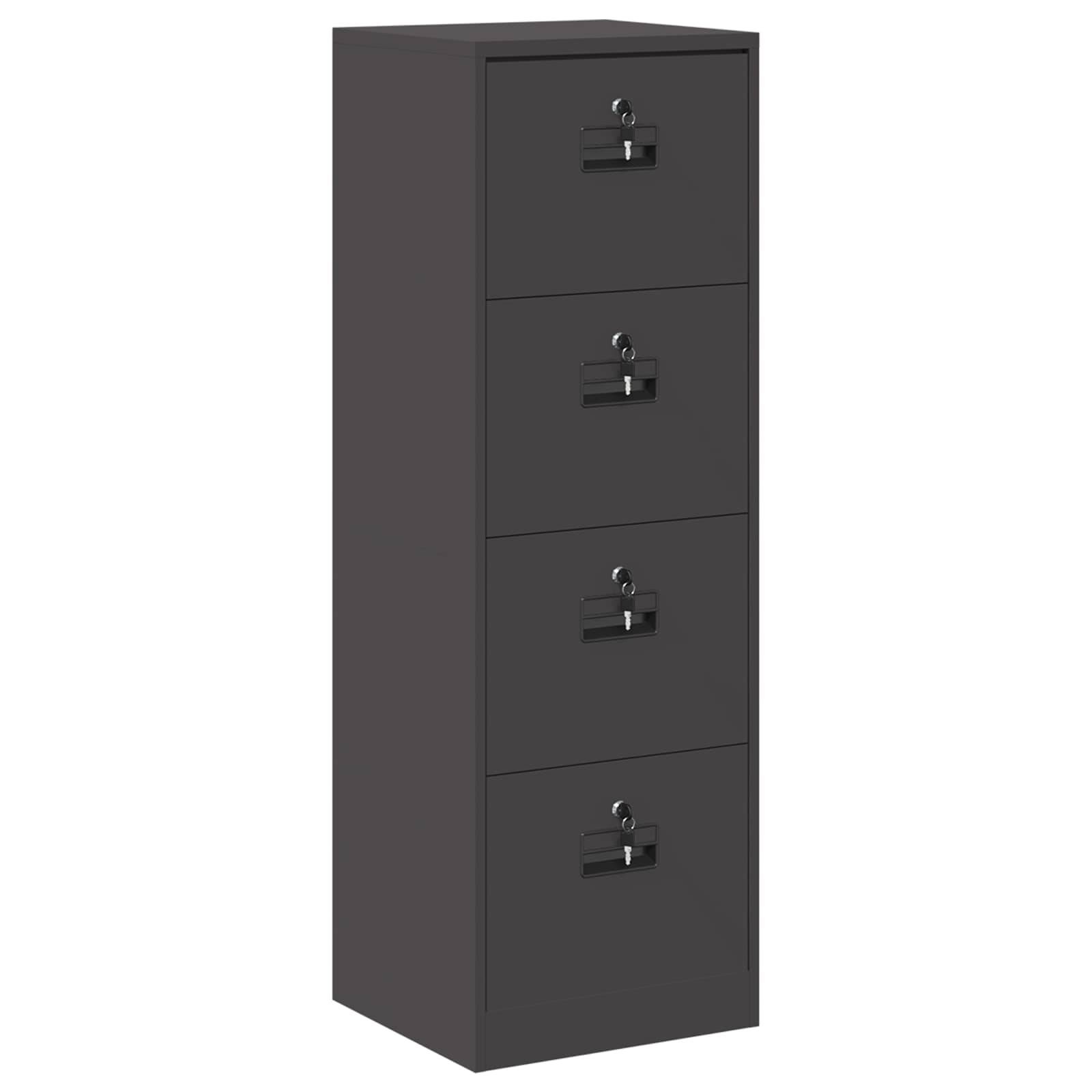Ein hohes, schwarzes Aktenschrank mit vier geschlossenen Schubladen, von denen jede einen Griff und ein Schloss aufweist.