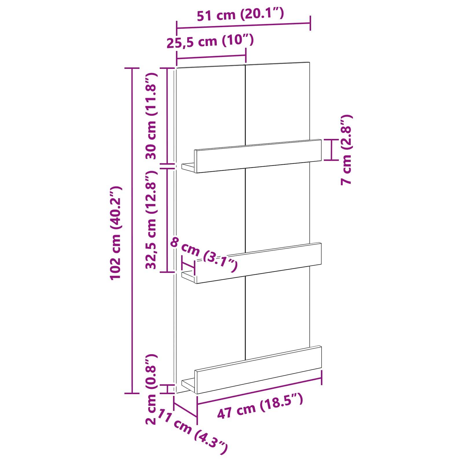 Eine Skizze eines Regalsystems mit Abmessungen: Höhe 102 cm, Breite 51 cm und Tiefe 25,5 cm. Die Regale sind 10,8 cm, 12,8 cm und 11,8 cm voneinander entfernt.