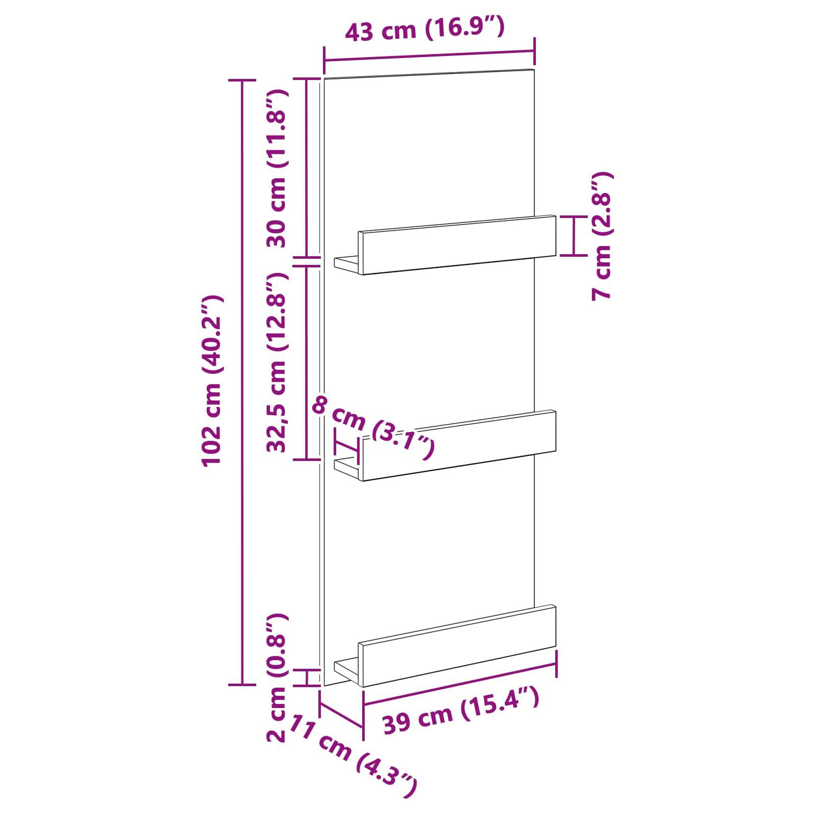 Ein wandmontiertes Regalregal mit drei Regalen. Maße: Höhe 102 cm, Breite 43 cm. Regalhöhen: 2 cm, 32,5 cm, 71 cm.
