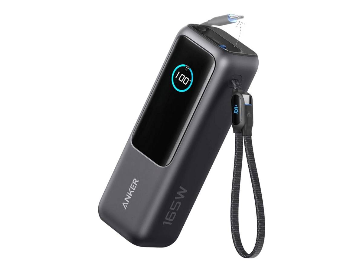 Ein schwarzer tragbarer Powerbank mit LED-Display, das '100%' anzeigt, und einem abnehmbaren Schlüsselband, mit der Beschriftung '165W' und der Marke 'Anker'.