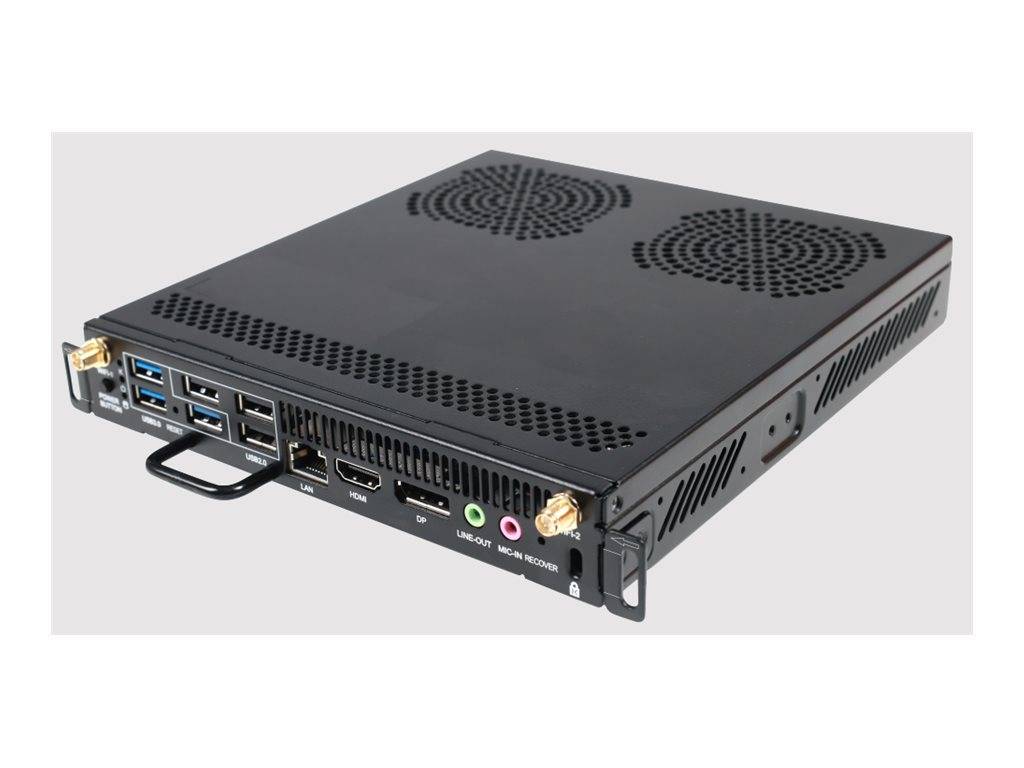 Ein schwarzer kompakter Computer mit mehreren Anschlüssen, darunter USB, LAN, HDMI und Audioanschlüsse, belüfteter Oberseite und Wandmontagehalterungen.