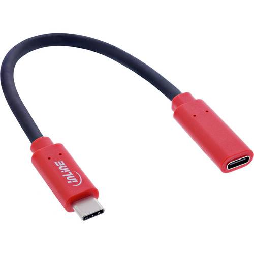 Ein kurzes schwarzes Kabel mit roten USB-C-Anschlüssen an beiden Enden, einer männlich und einer weiblich. Das Kabel ist zu einer lockeren Bogenform aufgerollt.
