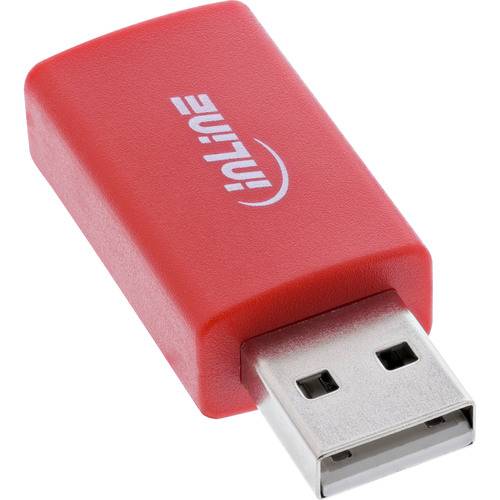 Roter USB zu PS/2 Adapter, mit dem Etikett 'inline', verwendet zum Anschluss von PS/2-Geräten an USB-Anschlüsse.