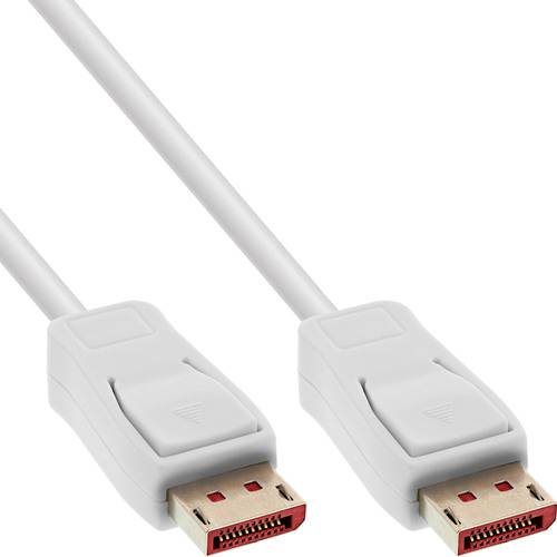 Zwei DisplayPort-Kabel mit weißen Ummantelungen, die die charakteristische Anschlussform aufweisen, vor einem einfarbigen Hintergrund.