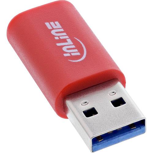 Roter USB-Stick mit 'INLINE'-Logo, an einem Metallverbinder angeschlossen, isoliert auf einem einfarbigen Hintergrund.
