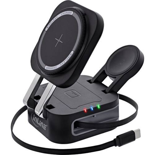 Ein schwarzer kabelloser Ladegeräteständer mit zwei Ladepads, ausgestattet mit LED-Anzeigen und einem angeschlossenen Kabel mit USB-C-Stecker.