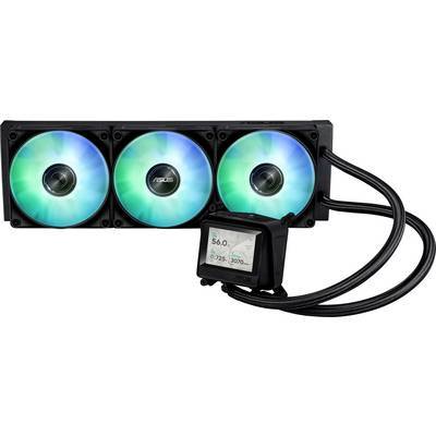 Ein Computer-Flüssigkühlsystem mit drei beleuchteten Lüftern in einer Reihe, verbunden mit einer Pumpe, die '56,0°C' und '2678 U/min' anzeigt.