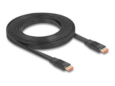 Ein gewickeltes schwarzes HDMI-Kabel mit vergoldeten Anschlüssen an beiden Enden.