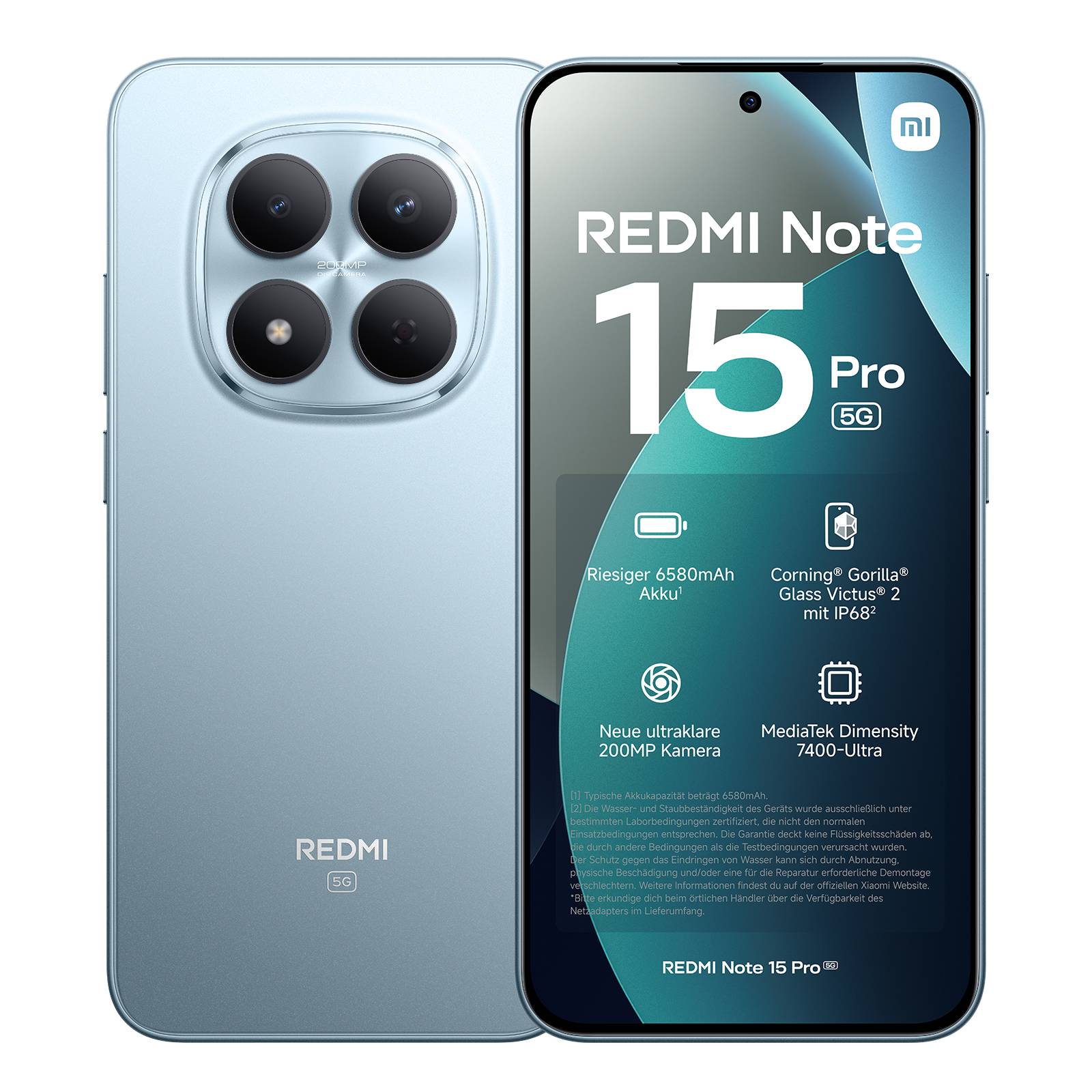 Redmi Note 15 Pro 5G Smartphone von vorne und hinten gezeigt, mit einer großen 200-MP-Kamera, 6580-mAh-Akku, Gorilla Glass Victus 2 und MediaTek Dimensity 7400 Ultra.