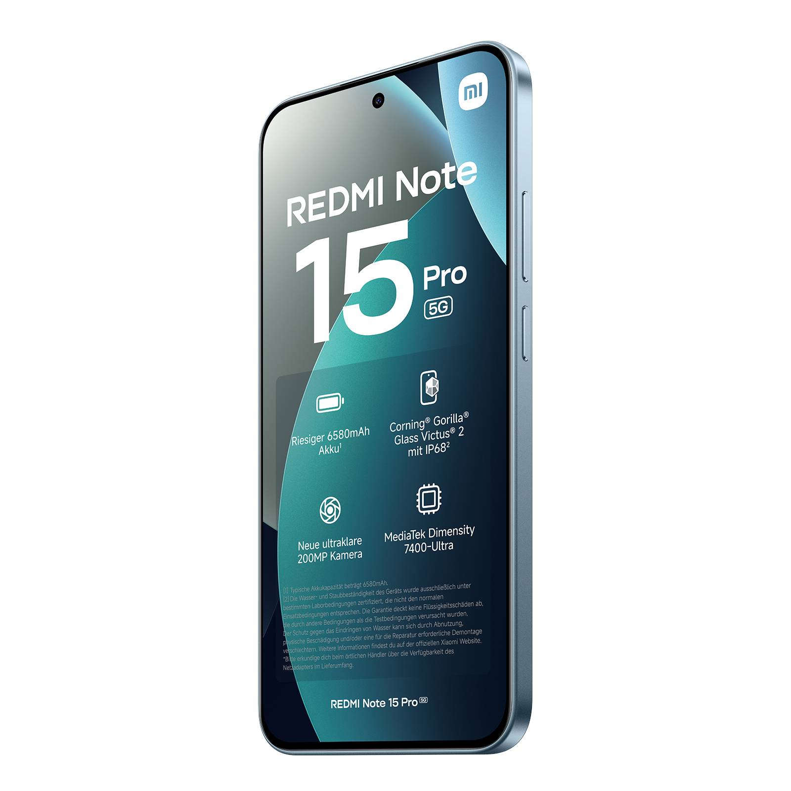 Redmi Note 15 Pro 5G-Smartphone auf schwarzem Hintergrund präsentiert, mit großem Bildschirmtext, der 15 Pro und wichtige Spezifikationen wie 6580-mAh-Akku, 200-MP-Kamera und MediaTek Dimensity 7400-Ultra hervorhebt.