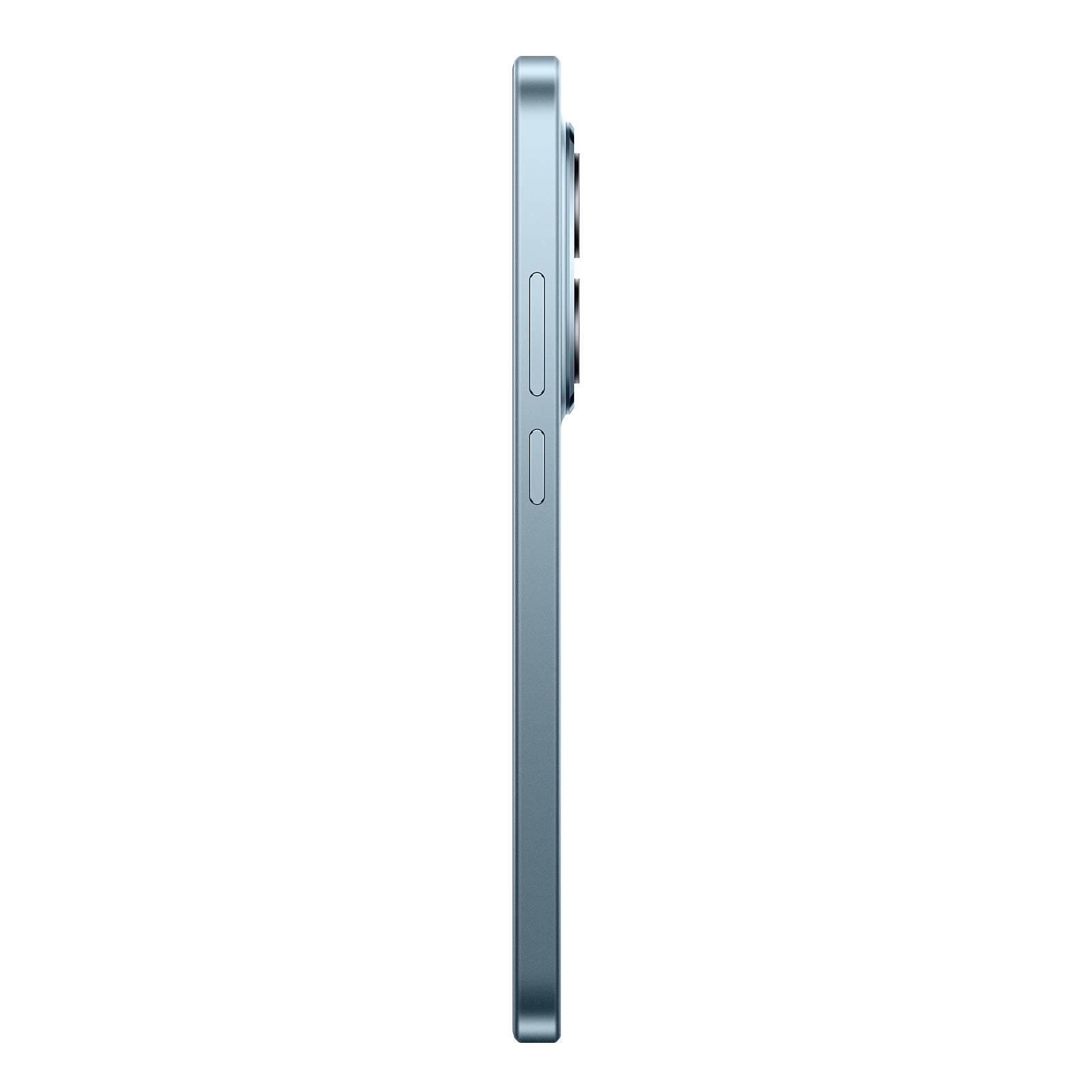 Seitenansicht eines blauen Smartphones, das sein dünnes Profil und zwei seitliche Tasten vor schwarzem Hintergrund zeigt.