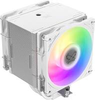 Ein metallischer Computer-CPU-Kühler mit einem großen Lüfter, der ein regenbogenfarbiges LED-Licht anzeigt, entwickelt zur Kühlung von Prozessoren in Desktop-Computern.