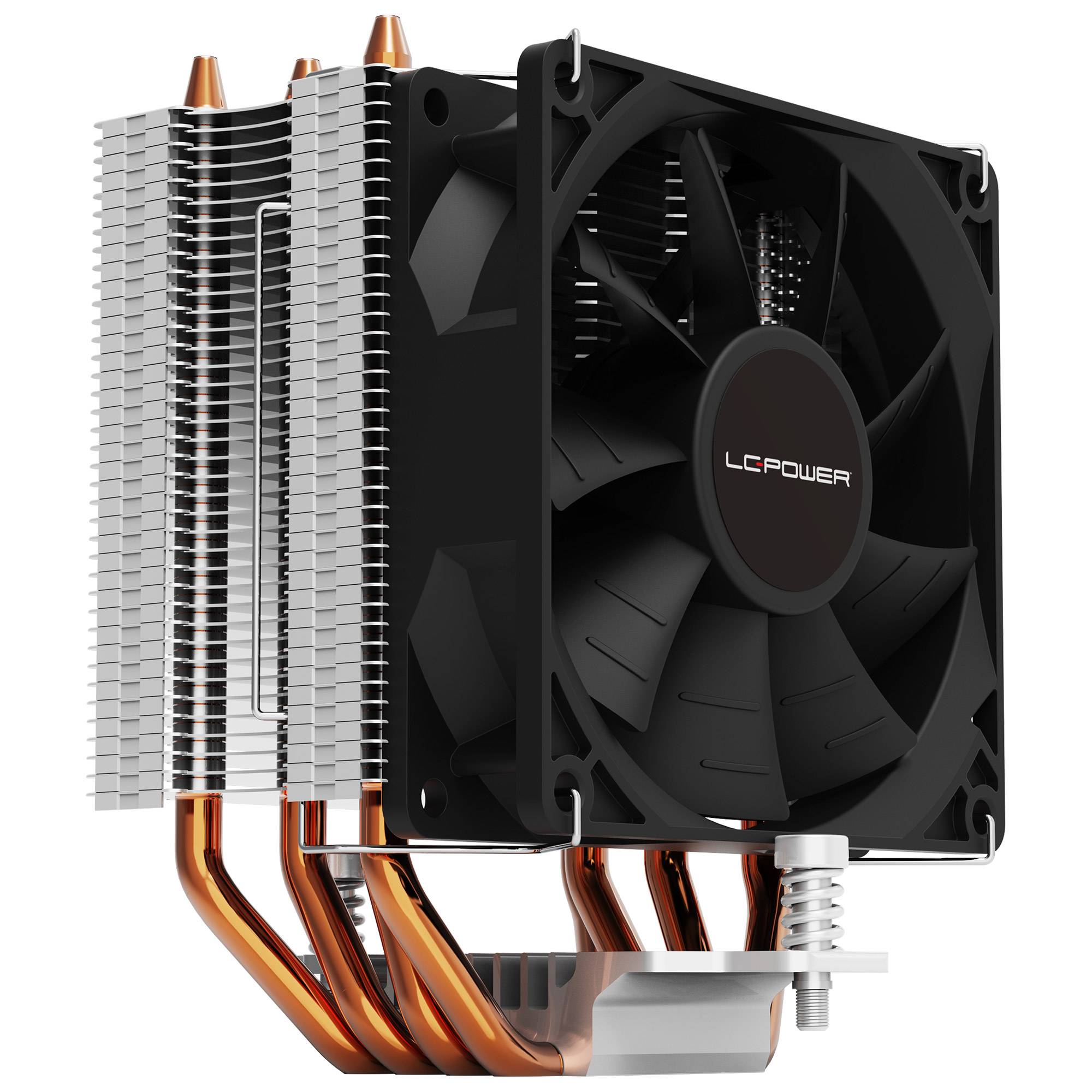 Ein schwarzer und silberner CPU-Kühler mit Kupferwärmerohen und einem Lüfter mit der Bezeichnung „LC Power