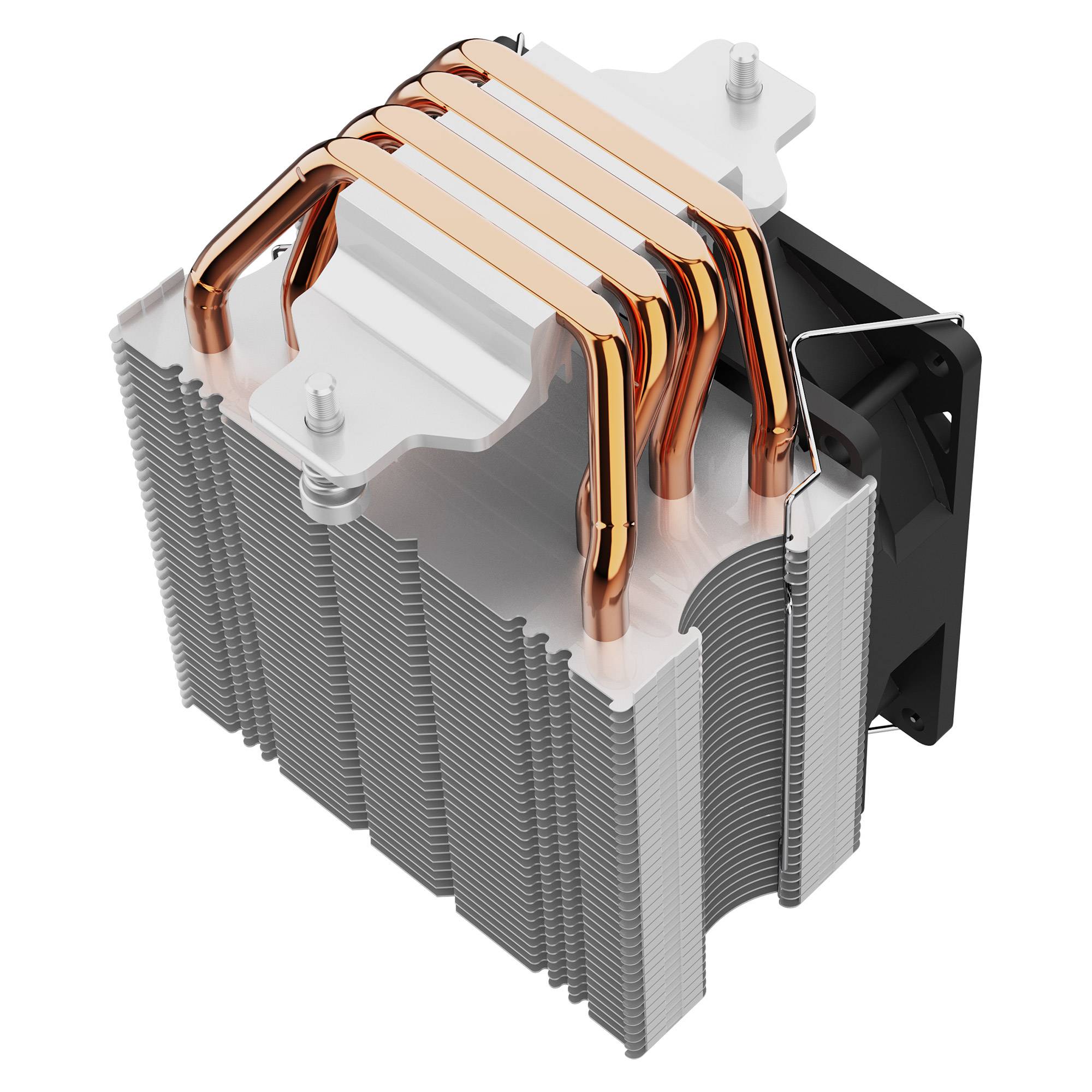 Bild eines CPU-Kühlers mit Kupferwärmerohr und Aluminium-Kühlrippen, wird zur Wärmeableitung von Computerprozessoren verwendet.