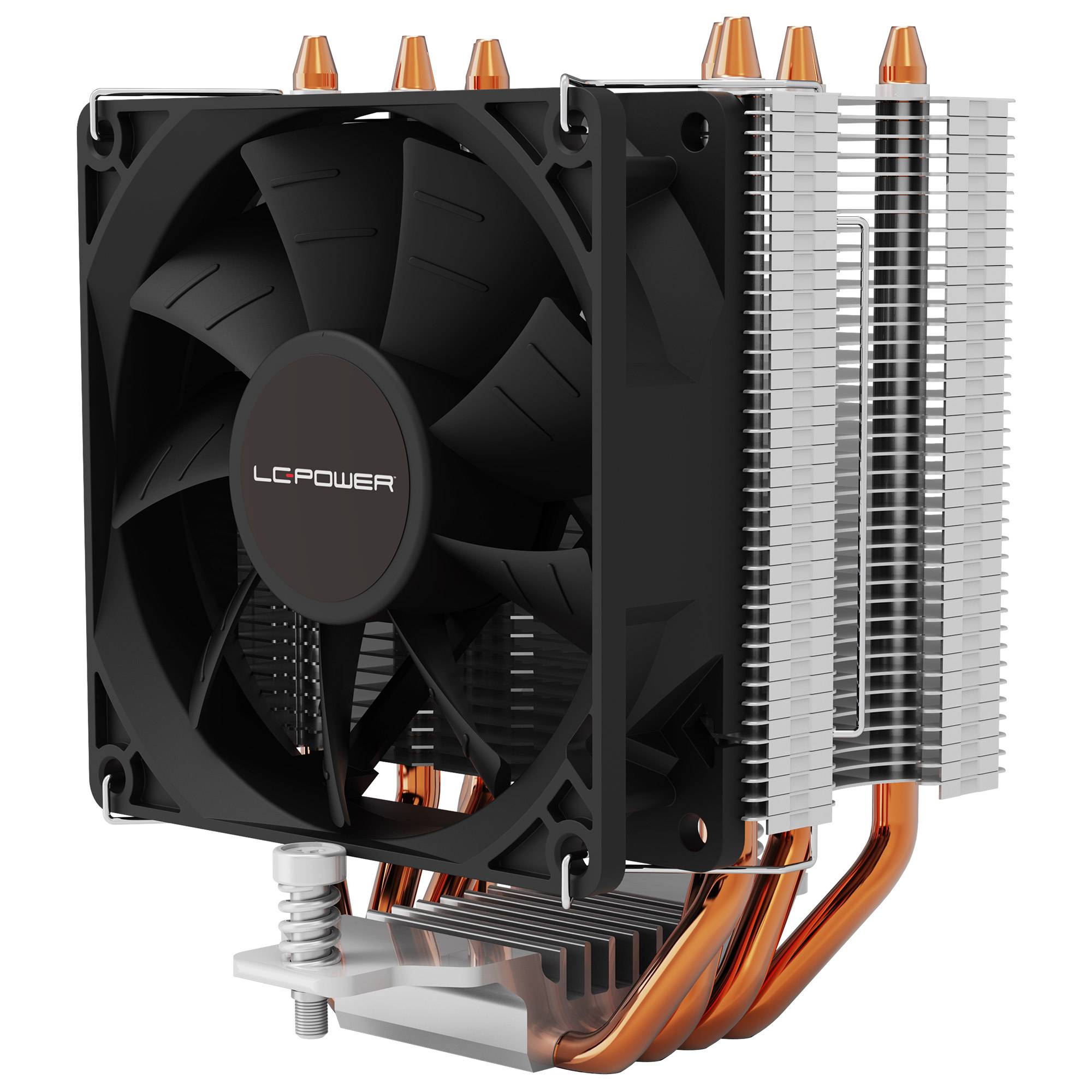 Ein schwarzer Computer-CPU-Kühler mit einem großen Lüfter, Kupfer-Wärmerohen und Aluminium-Lamellen zur Wärmeableitung.