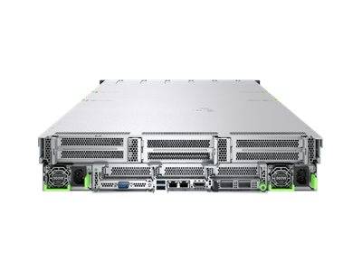 Vorderansicht eines in einem Rack montierten Servers mit mehreren belüfteten Paneelen, Anschlüssen und Stromversorgungs-/Lüftermodulen.