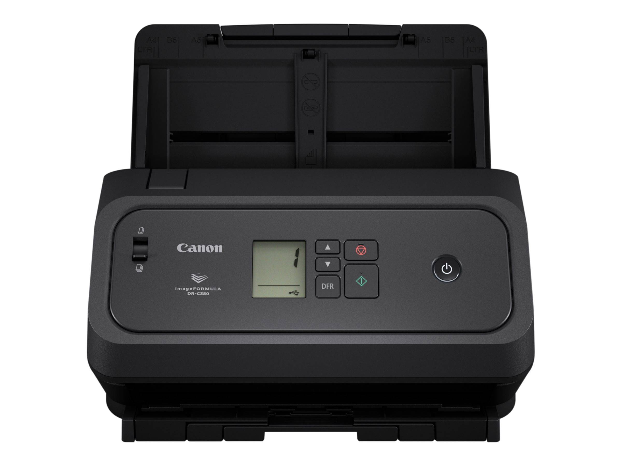 Canon-Dokumentscanner mit Papierschacht und kleinem Bedienfeld, das auf dem Display eine Bereitschaftsanzeige zeigt.