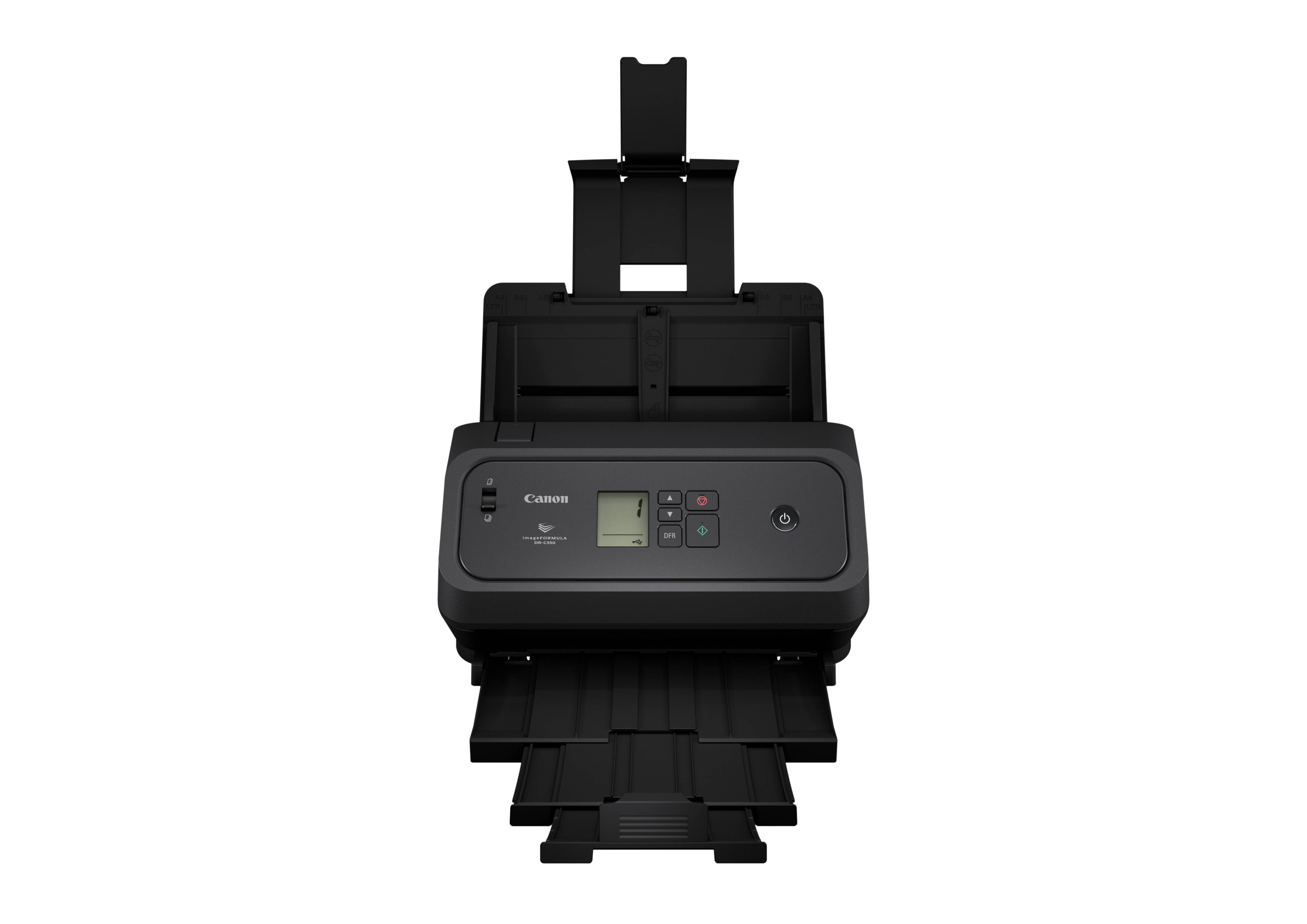 Scanner Canon Black mit automatischem Vorschub und Papierfach, Vorderansicht auf weißem Hintergrund.
