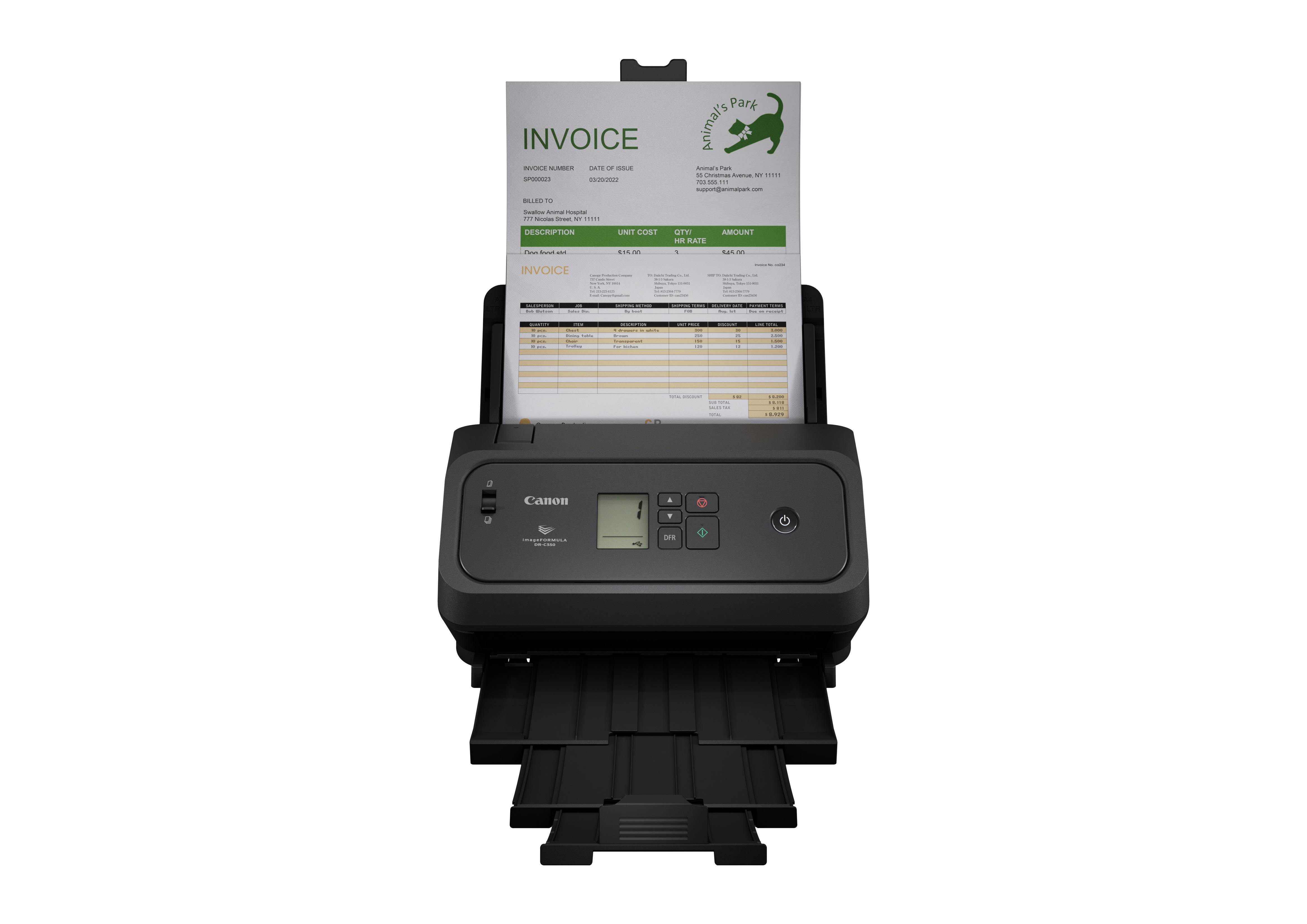 Dokumentenscanner mit einer in den Papierschacht eingelegten Rechnung, frontal vor weißem Hintergrund dargestellt.