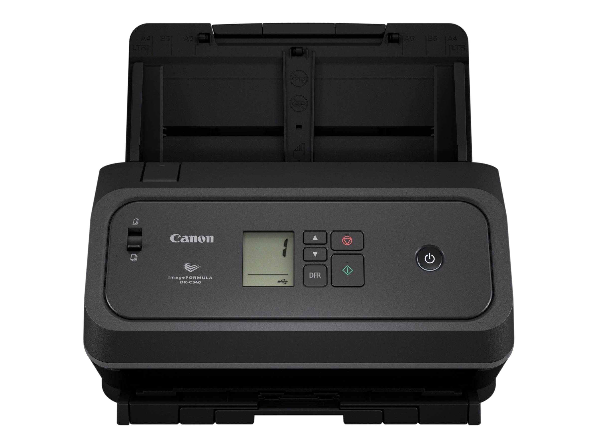 Canon Dokumentscanner mit Papiereinzug, Bedienfeld, kleinem LCD-Display und Netztaste an der Vorderseite.