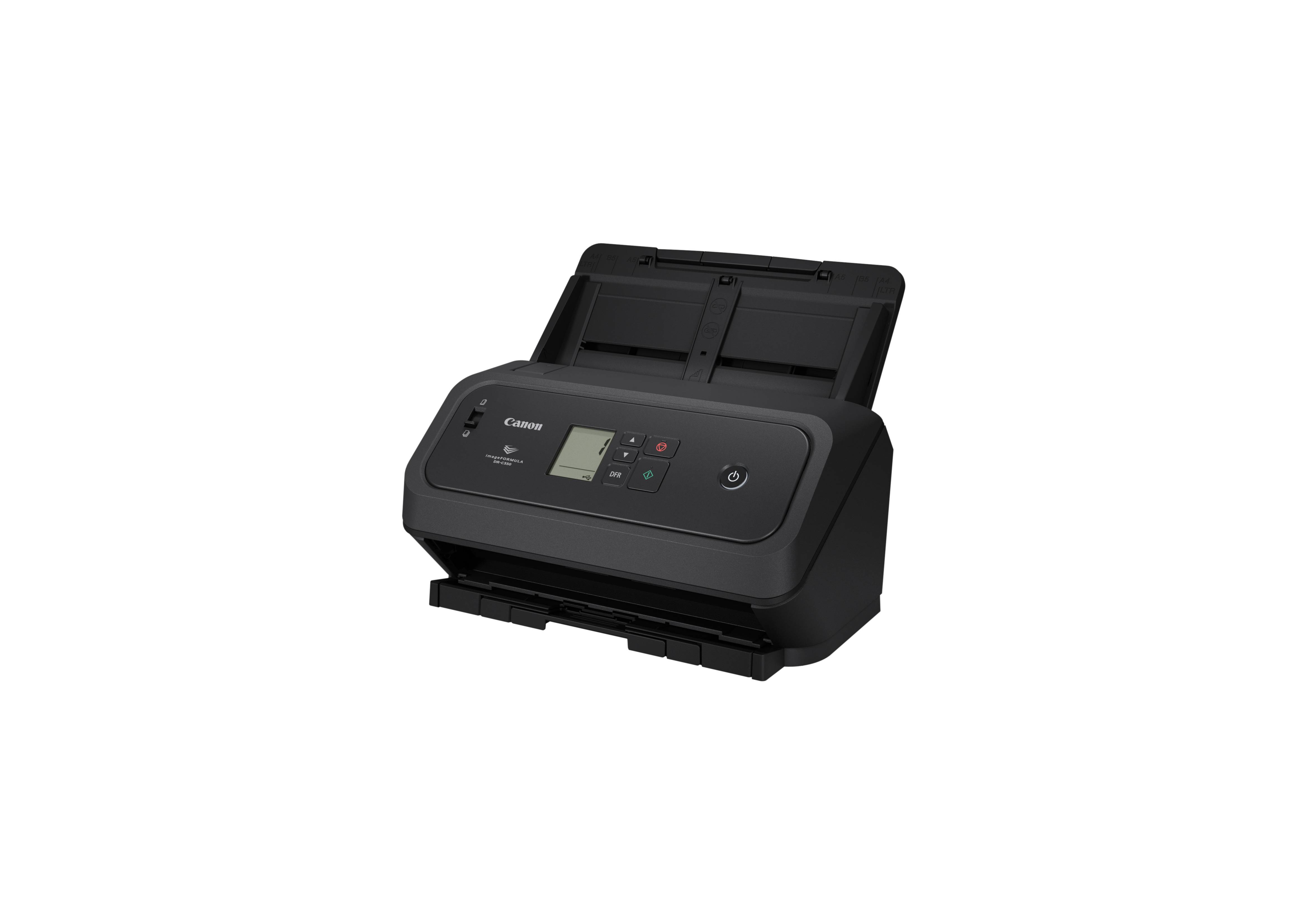 Schwarzer Canon-Dokumentenscanner mit offener Papierzuführung und kleinem Bedienfeld, dargestellt auf weißem Hintergrund.