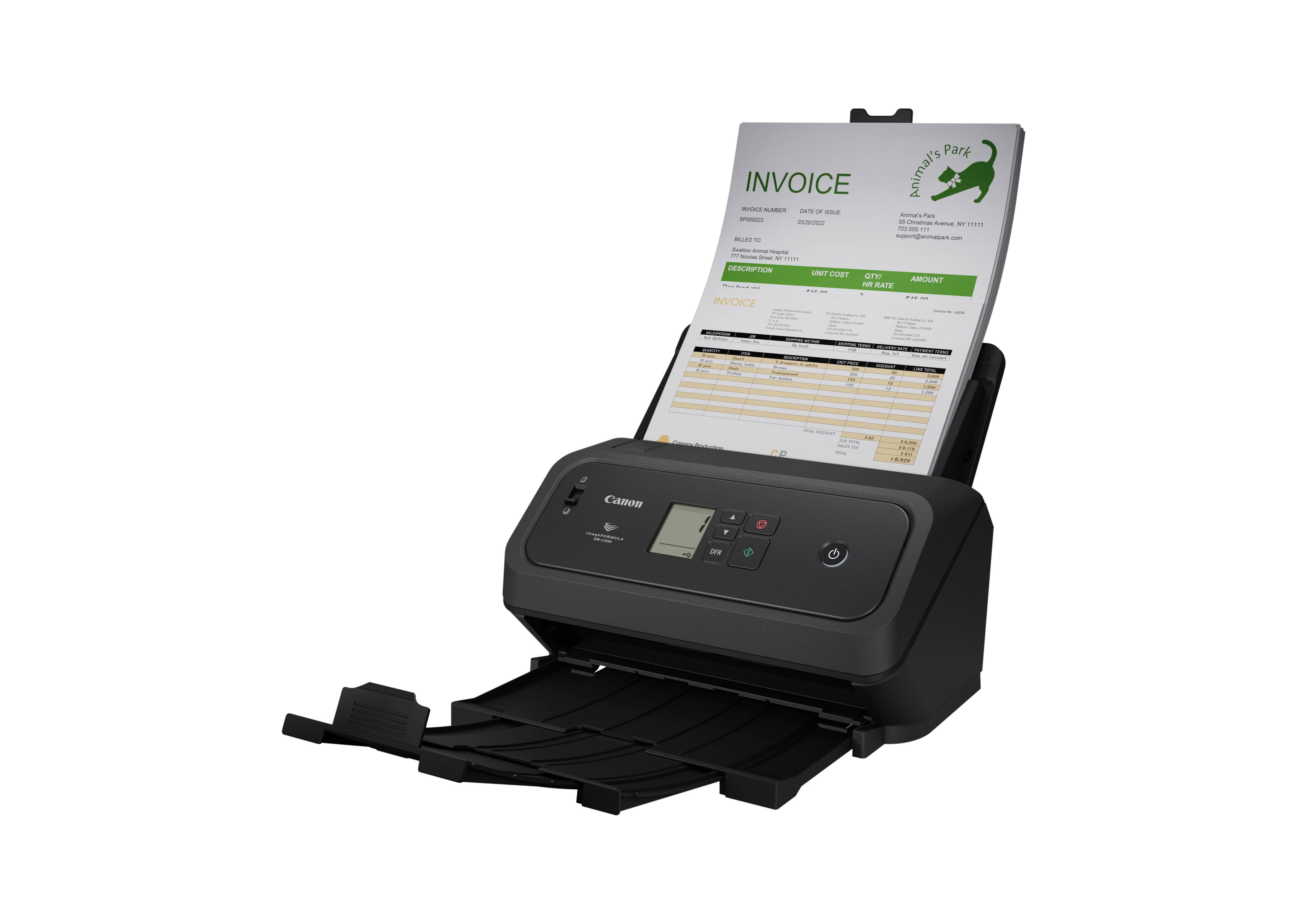 Ein Desktop-Dokumentenscanner/Drucker, der eine Rechnungsseite einzieht, mit sichtbaren Papierfächern und Bedienfeld.