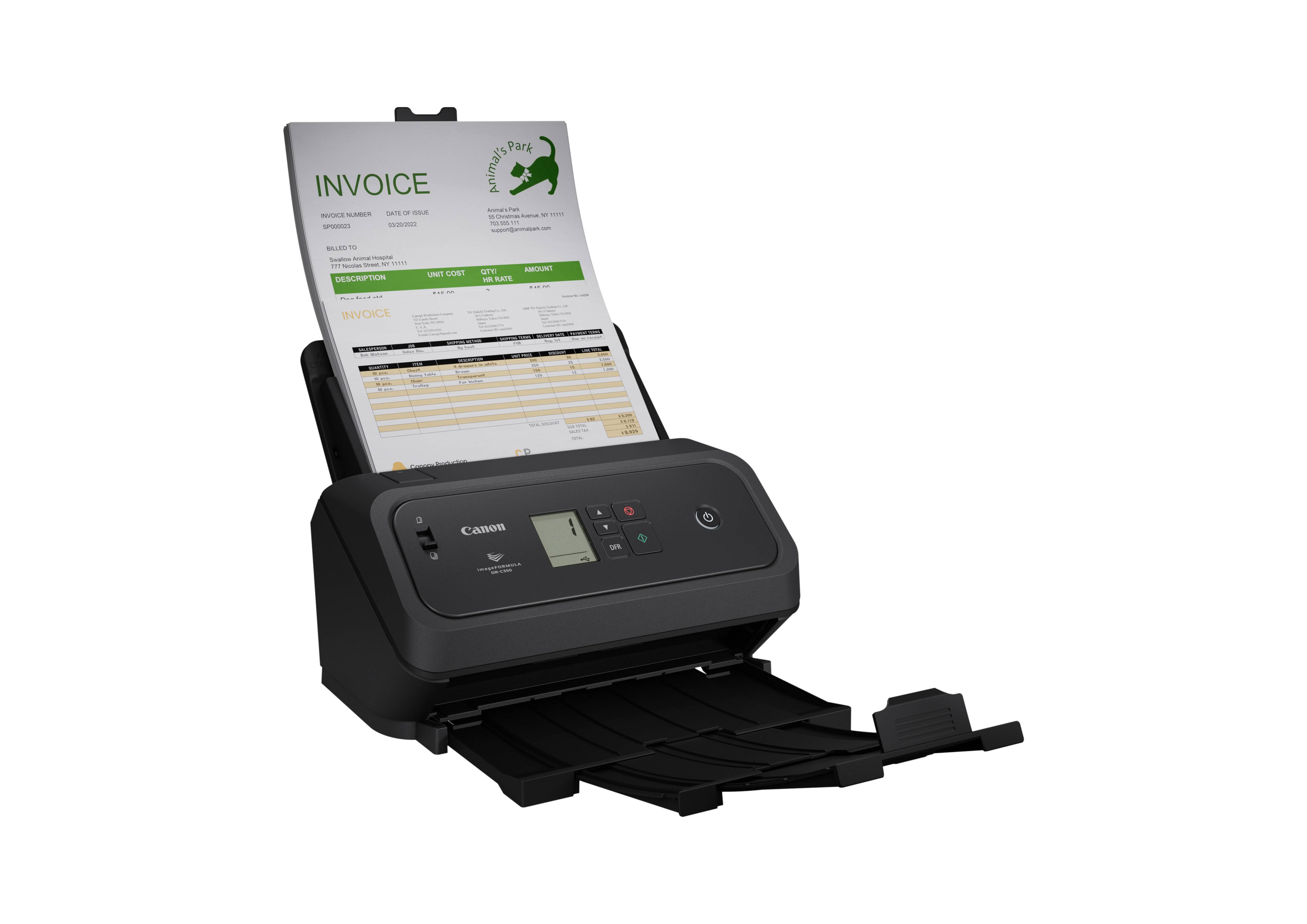 Ein Desktop-Dokumentenscanner scannt eine Rechnung, wobei das Papier oben eingezogen wird und das Ausgabefach ausgefahren ist.