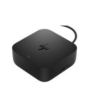 Eine schwarze HP Docking-Station mit kompaktem quadratischem Design und mehreren Anschlüssen, geeignet für Laptops oder Desktops.