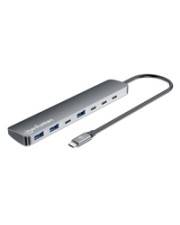 Ein schlanker, metallischer USB-C-Hub mit vier USB-Anschlüssen und einem angeschlossenen Kabel. Die Marke „hyperdrive