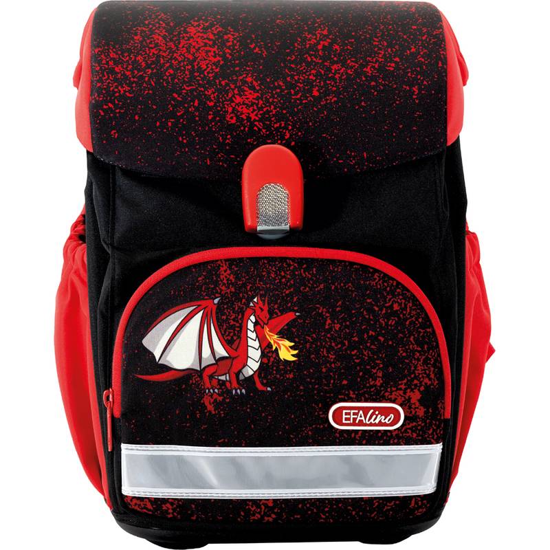 Ein schwarzer und roter Rucksack mit einem Cartoon-Drachen, der auf der Vordertasche Feuer spuckt.
