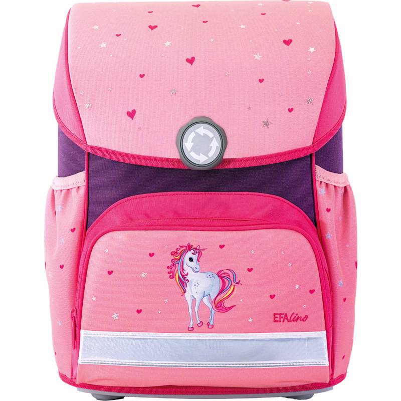 Ein rosa Kinderrucksack mit einem Einhorn-Design, der kleine Herzen und Sterne aufweist.