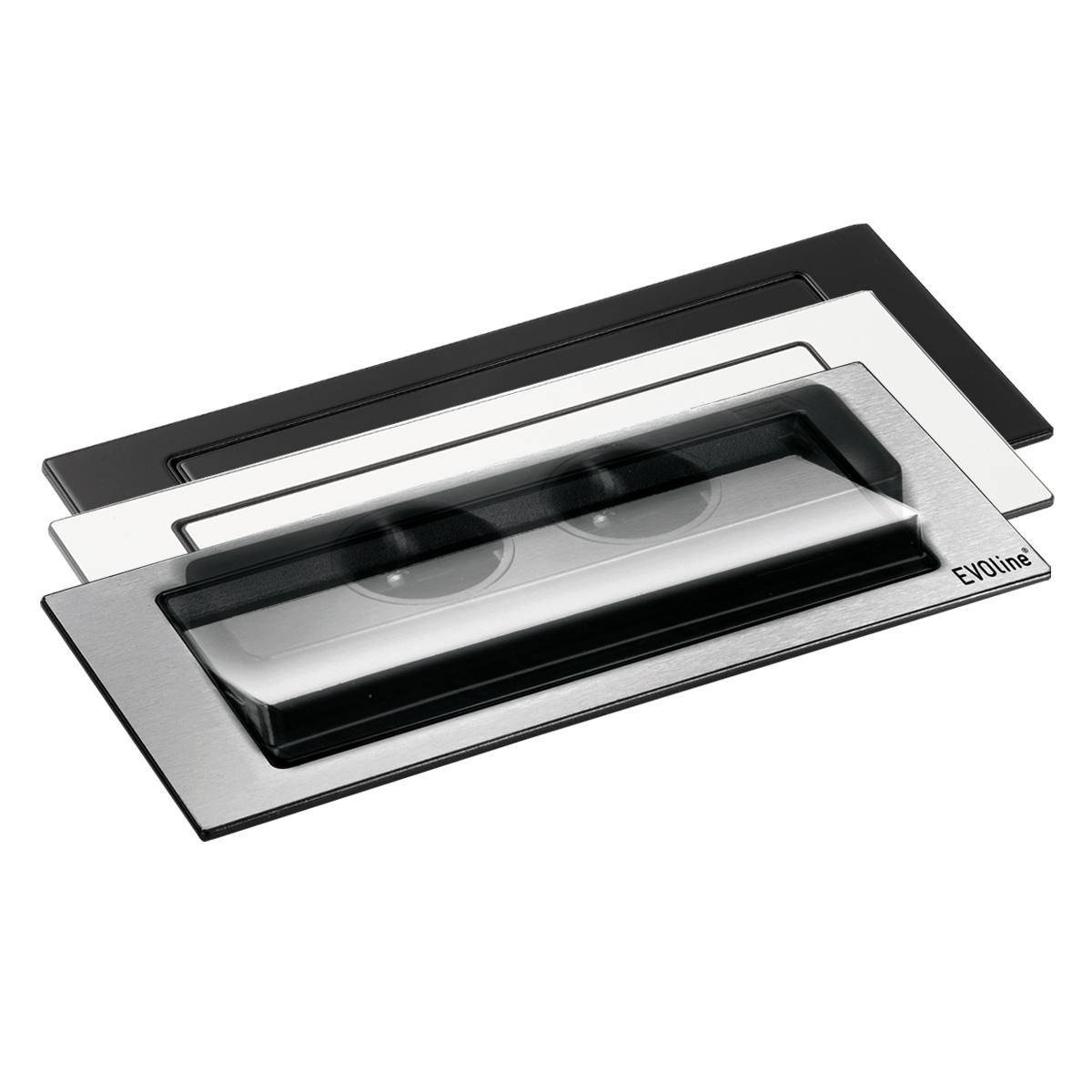 Wandplatten von 'Eldline' mit modernem Design in Schwarz, Weiß und Silber, verwendet für Steckdosen oder Schalter, gestapelt zur Darstellung der Farboptionen.