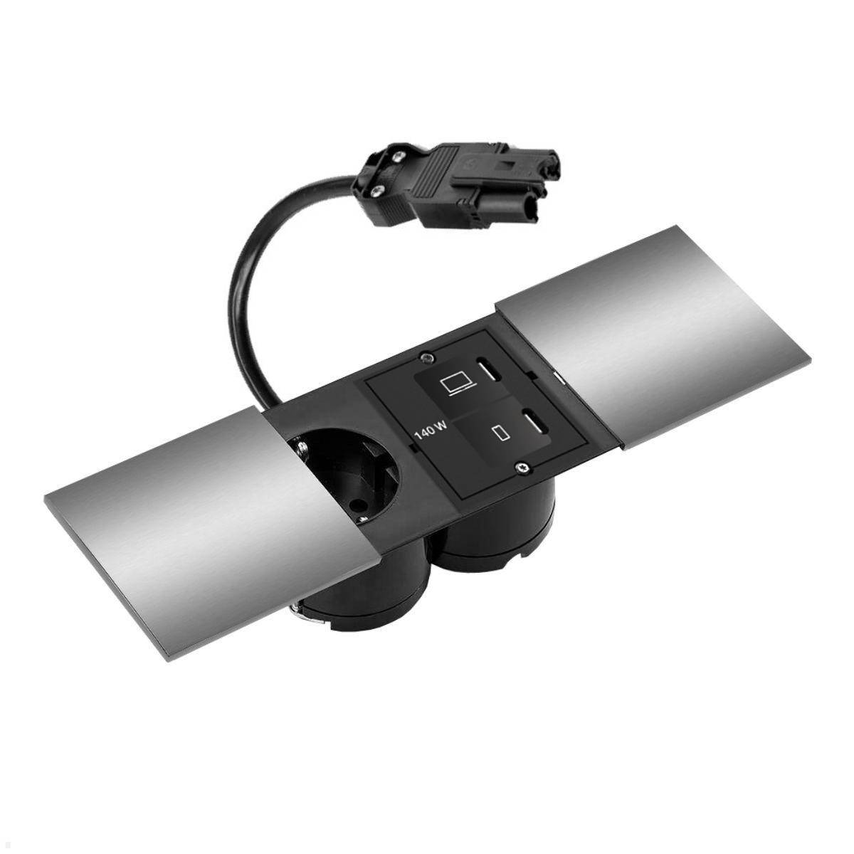 Aufputz-Schreibtisch-Steckdose mit USB-Anschlüssen, Stromstecker und zwei silbernen Klappen. Geeignet für Büro oder Heimgebrauch zur effizienten Kabelverwaltung.