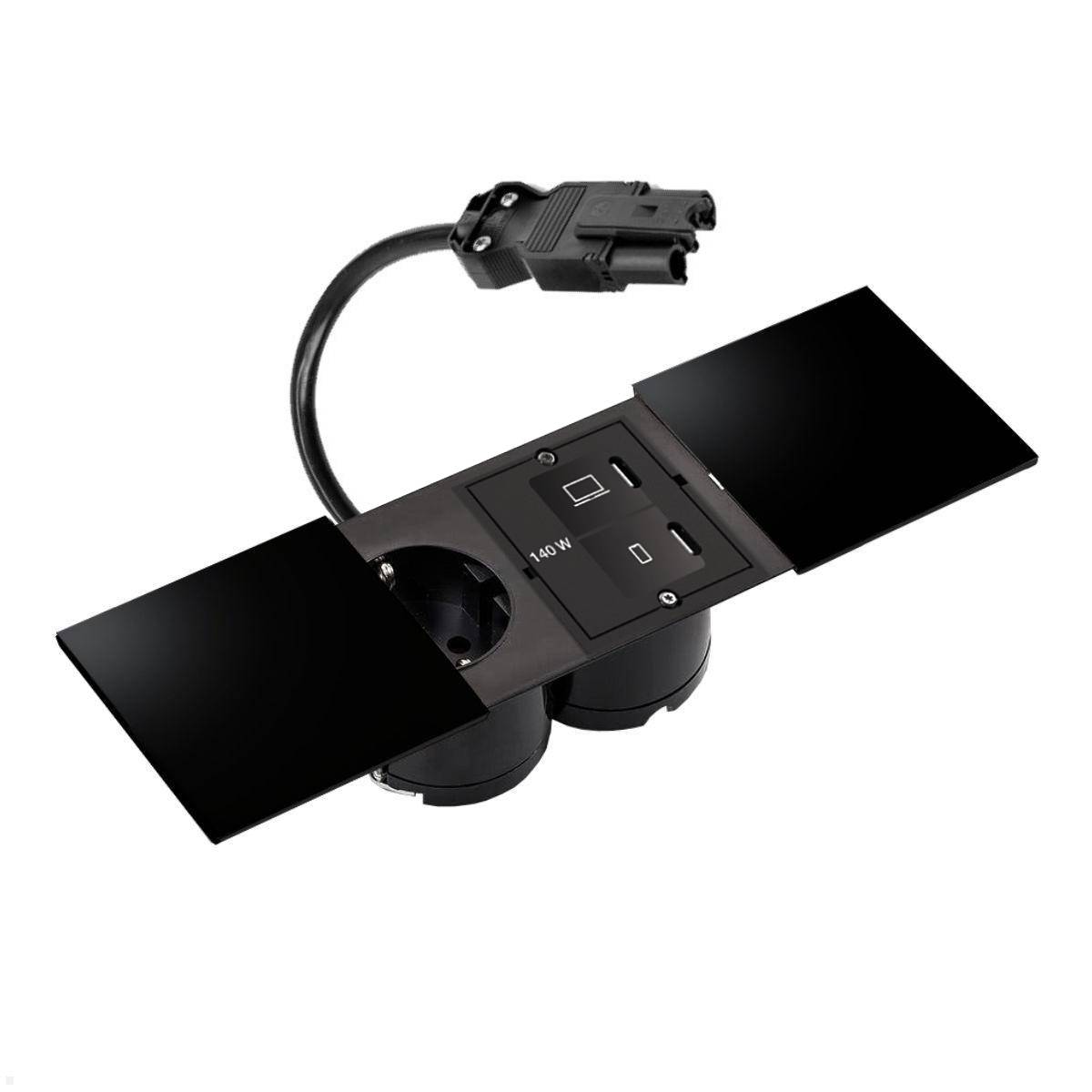 Ein schlanker schwarzer Steckdosenleiste mit mehreren Steckdosen und USB-Anschlüssen, montiert auf einem flexiblen Arm, geeignet für den Arbeitsplatz.