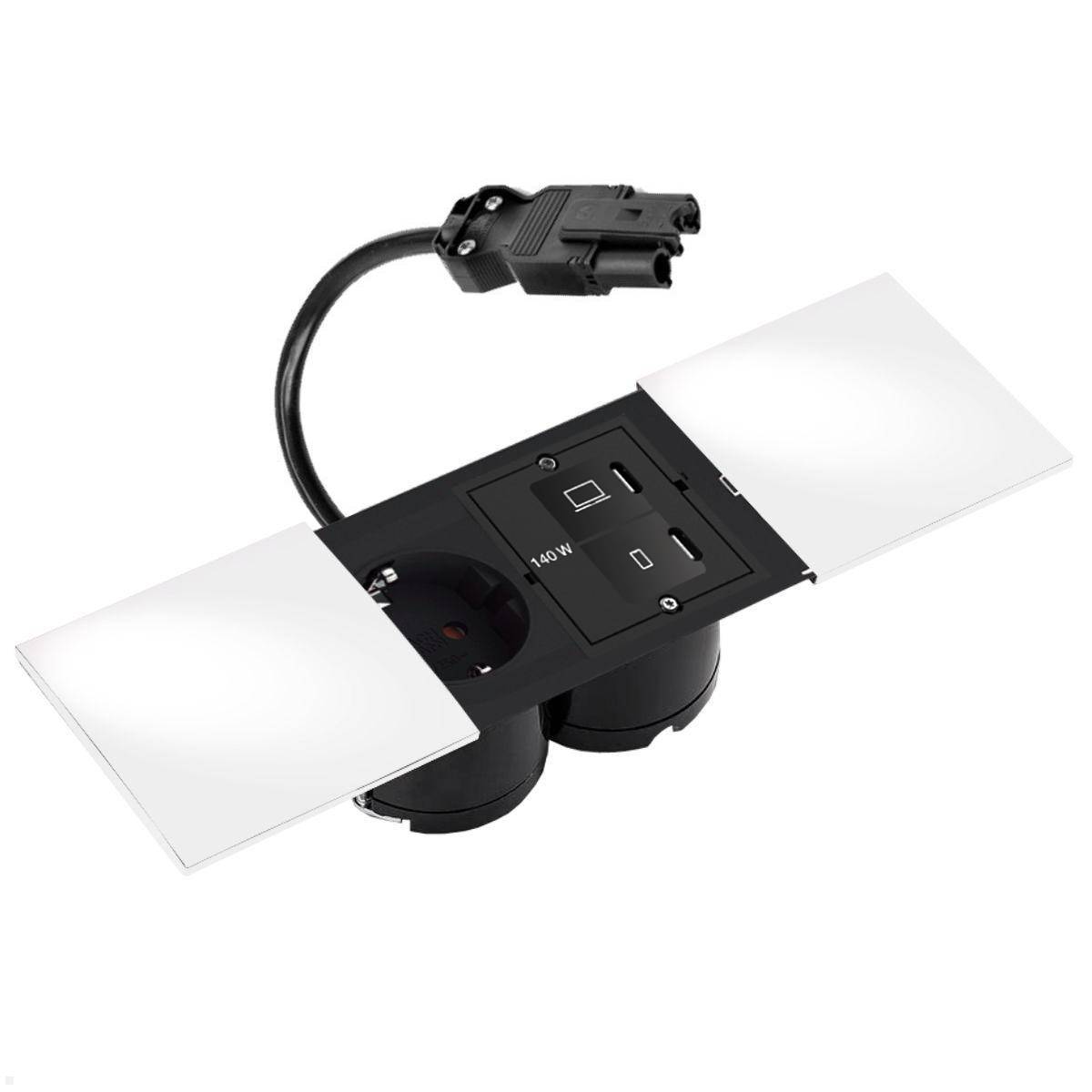 Schwarzes Powermodul mit flexiblem Hals, ausgestattet mit zwei USB-Anschlüssen, einer Steckdose und einer Ladeleistung von 45 W. Entwickelt für einfachen Zugang in Büroumgebungen.