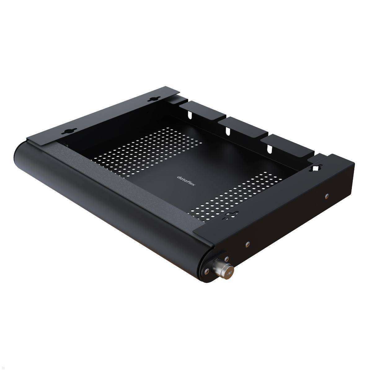 Ein schwarzes Metall-Wandmontage-Regalfach mit gelochten Seiten zur Belüftung, geeignet zum sicheren Halten von elektronischen Geräten.