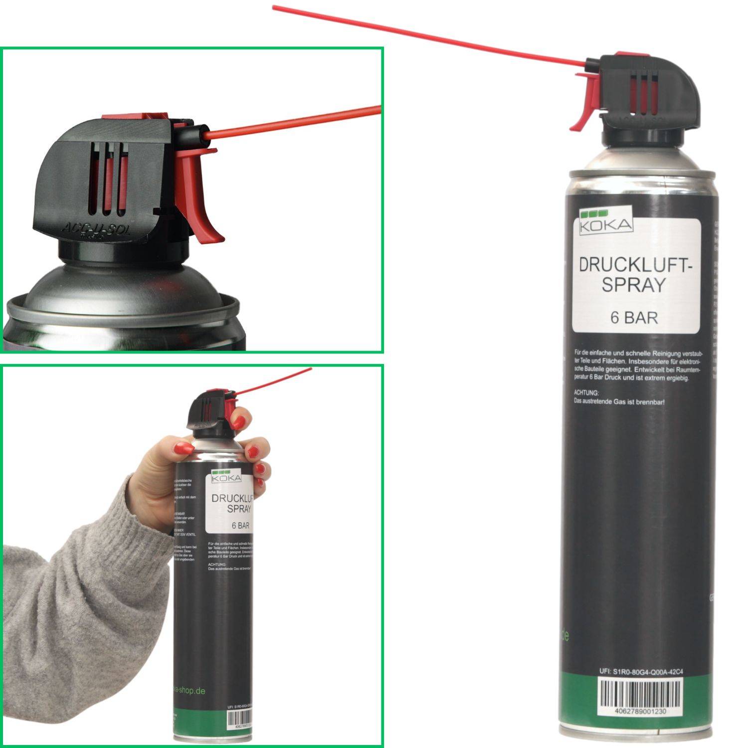 Eine Person hält eine Druckluftspray-Dose mit der Aufschrift 